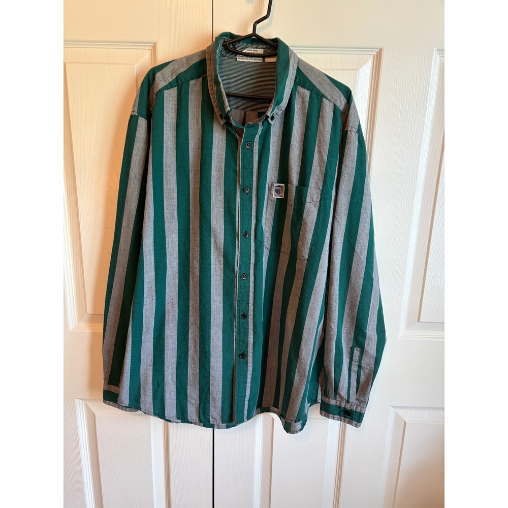 Vintage Brittania Mens XL Striped Button Down Shirt Green Grey Long Sleeve Crest